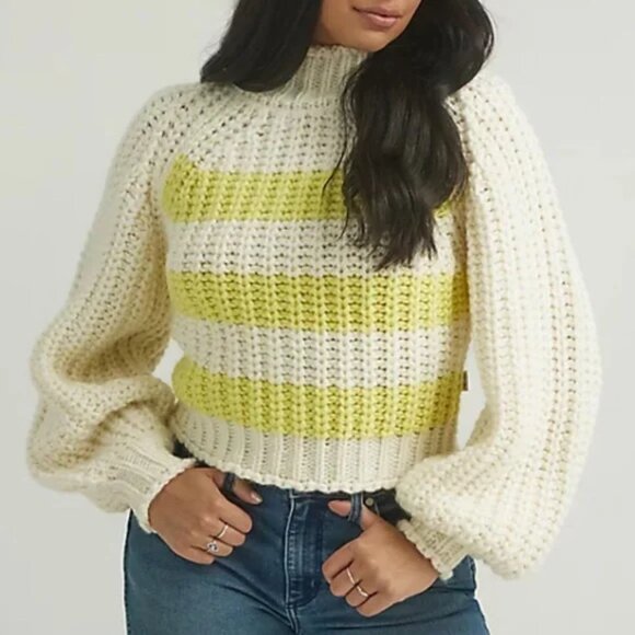 WRANGLER Chunky Crropped Balloon Sleeve Mockneck Pullover Knit Sweater Alpaca XL - Picture 1 of 16